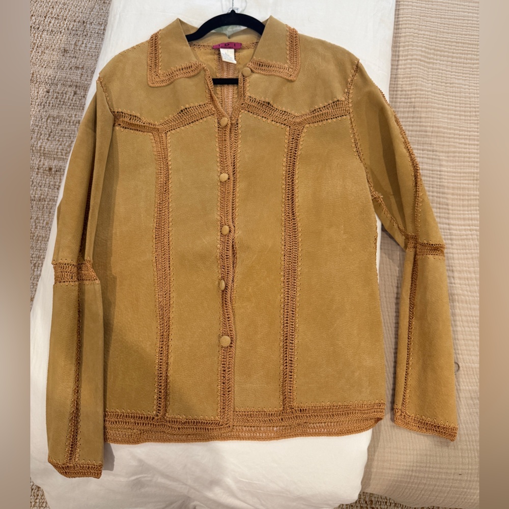 Suede Button-Front Leather Jacket in Camel Boho Western Festival Y2K